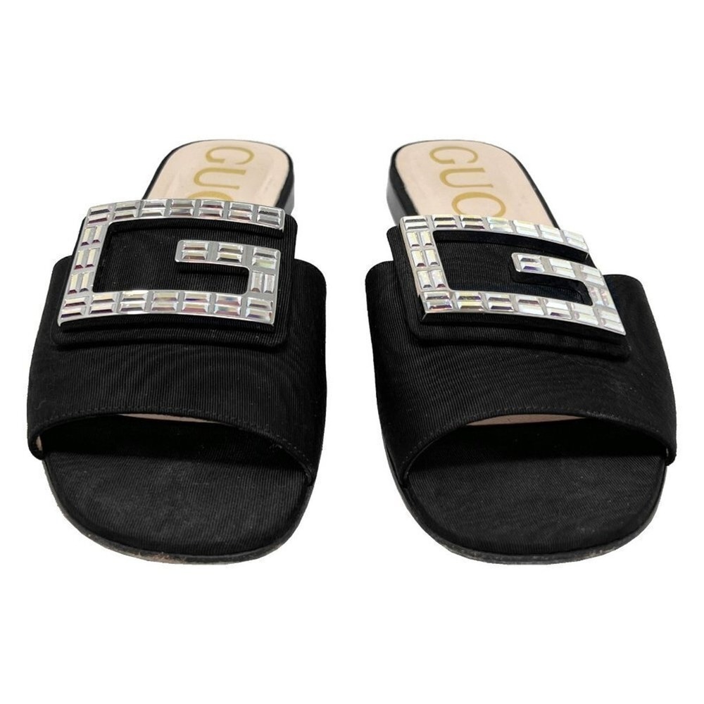 Gucci Black Mules Slide Flat Sandals Crystal Logo Size 36.5 - Picture 5 of 10